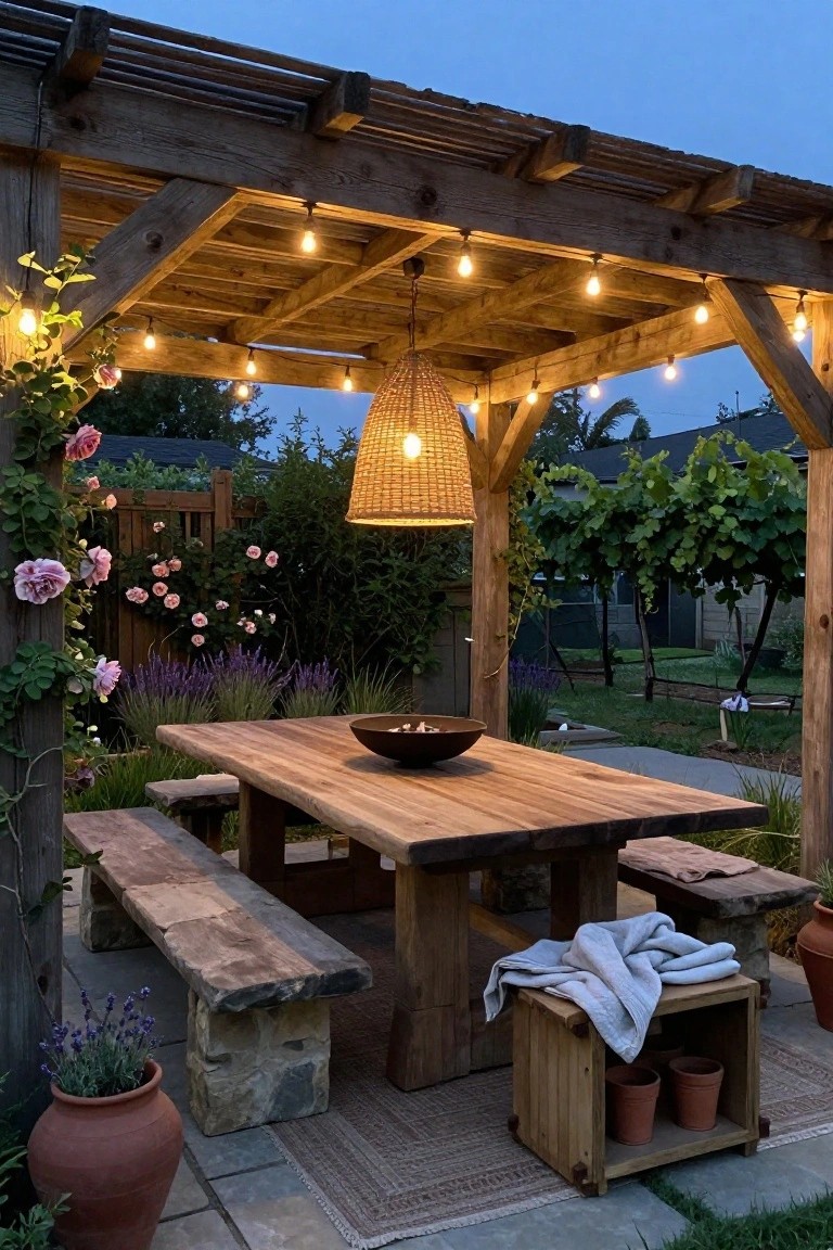 A wooden pergola with string lights along the beams, a woven pendant lamp over a long dining table, and benches on a stone patio surrounded by plants.