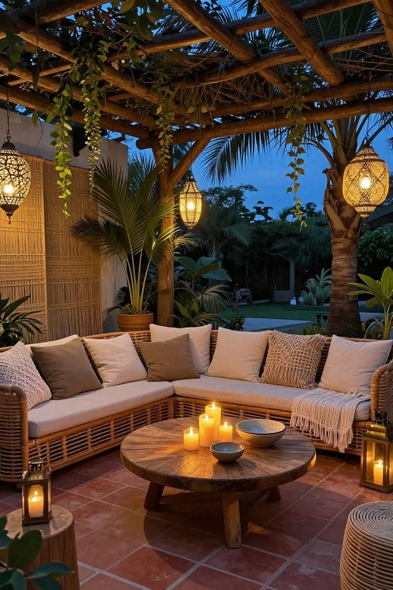 Cozy rattan sofa with cushions around candlelit wooden table under lantern-lit pergola
