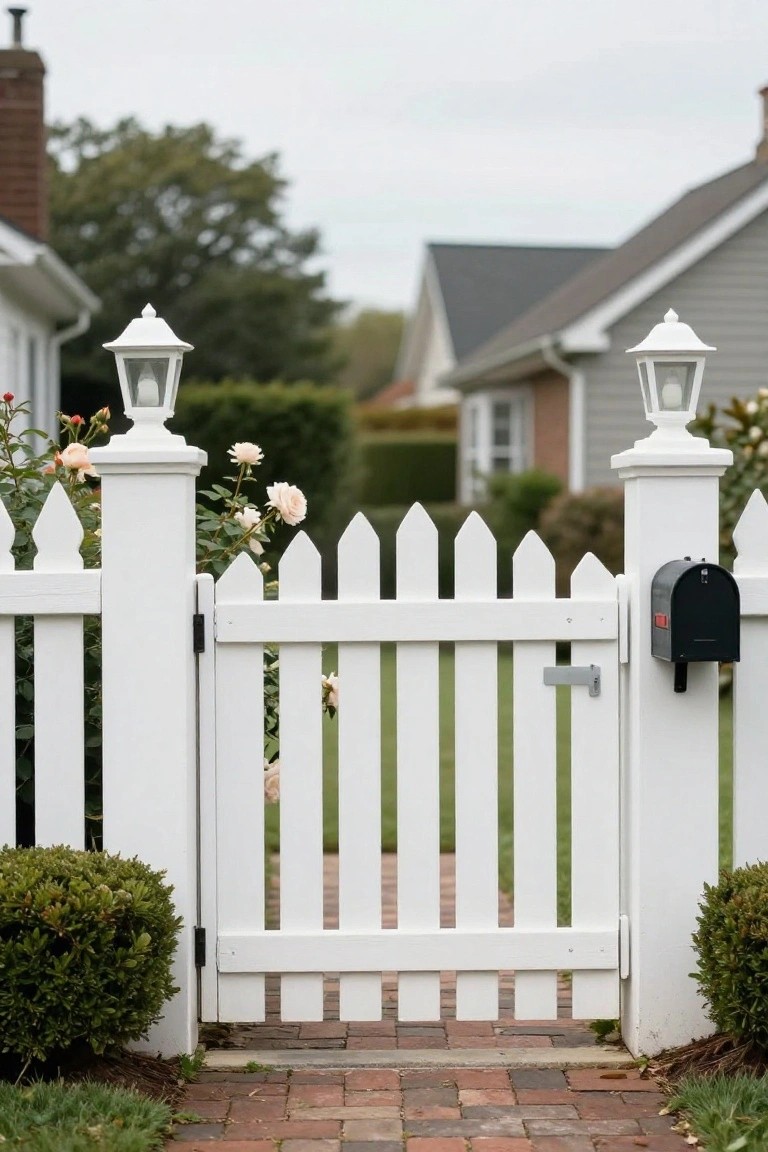 A white wooden picket fence gate stands open on a brick walkway, with two posts topped by lanterns, a black mailbox on the right post, and rose bushes on either side.