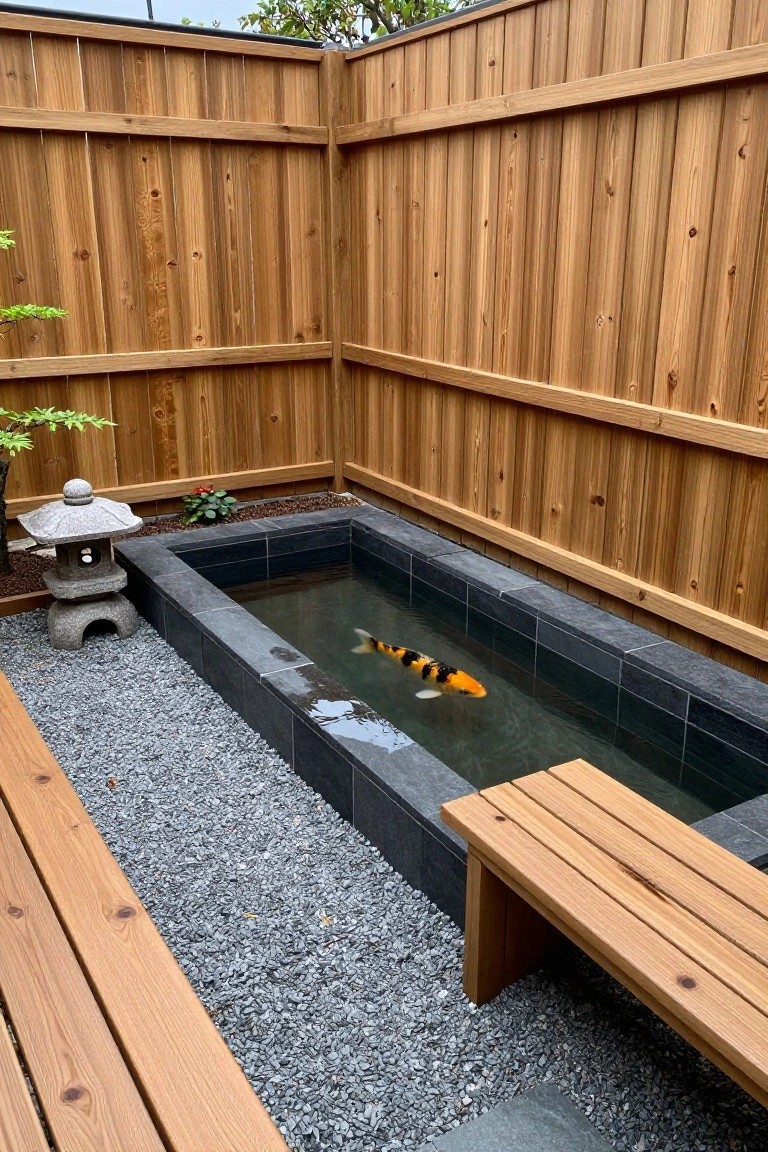 A corner of a backyard enclosed by a tall vertical wood fence, with a rectangular koi pond, gravel ground, wooden benches, and a stone lantern.