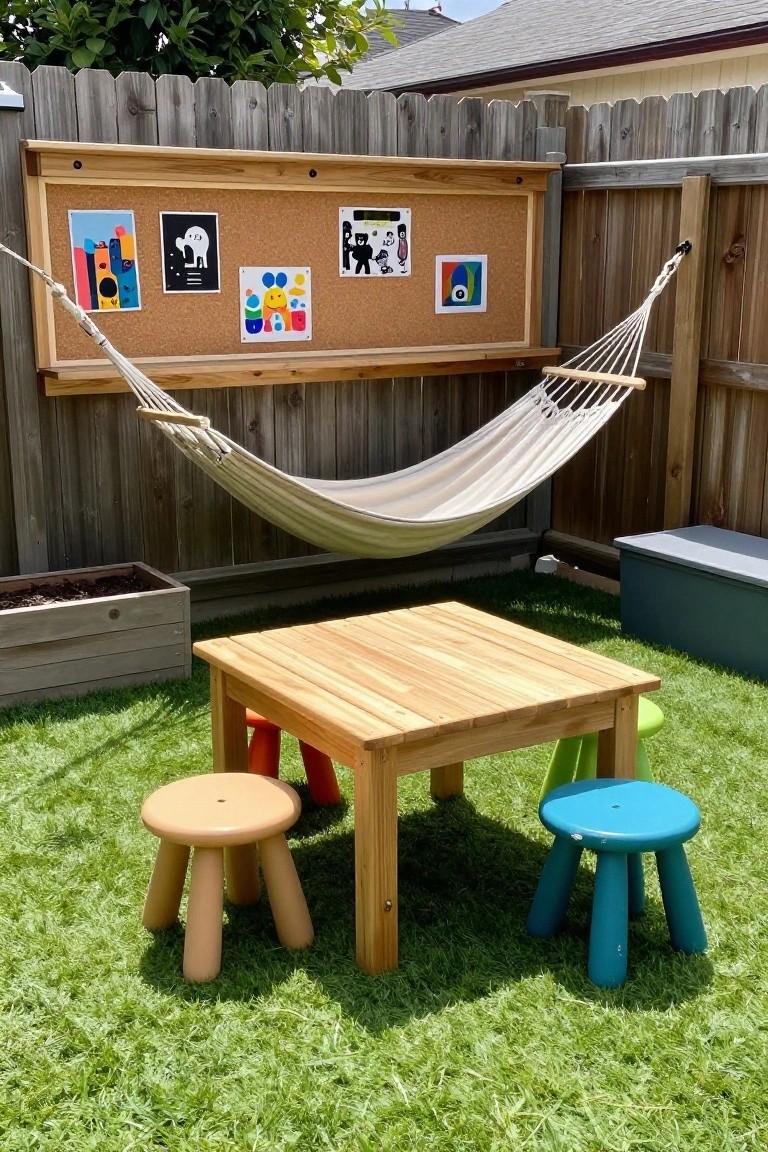 A backyard with a wooden fence featuring a large framed corkboard displaying colorful artwork, a striped hammock attached to the fence, and a small wooden table with three plastic stools on green turf.