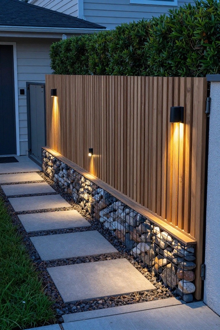 Modern wooden fence with gabion stone base, wall lights, and stepping stone path