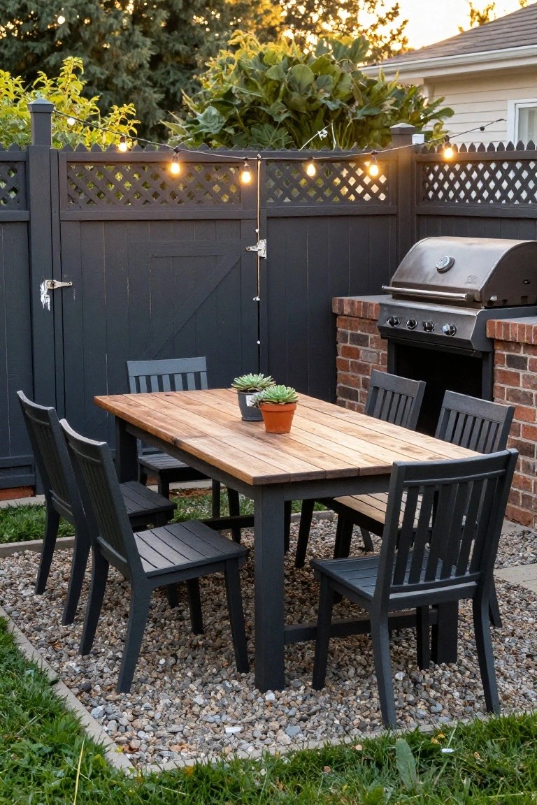 A dark wooden fence with lattice tops encloses a gravel patio area that holds a rectangular wooden table, black chairs, two potted succulents, and string lights, with a brick outdoor grill on the right.