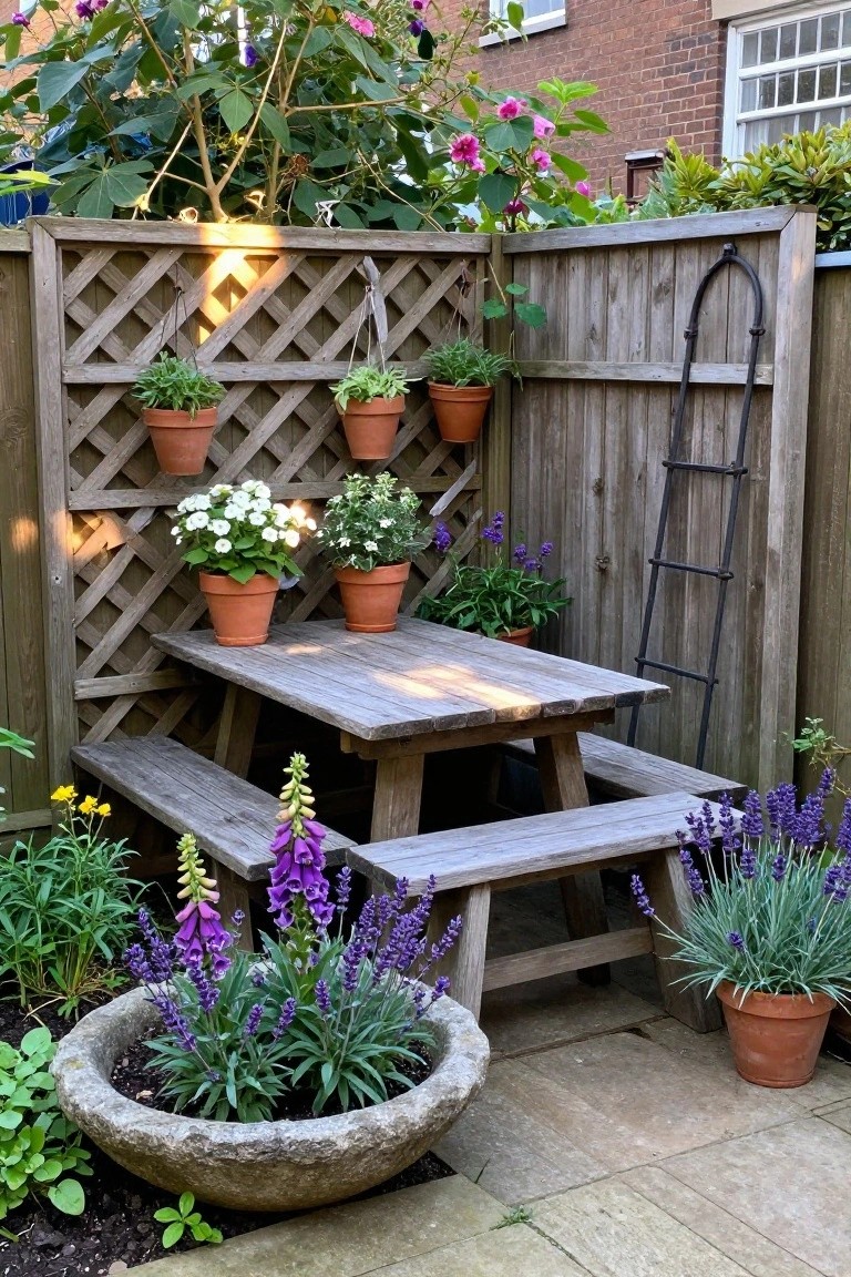 A wooden fence with lattice sections holding several hanging terracotta pots, positioned next to a picnic table and surrounded by potted flowers and plants.