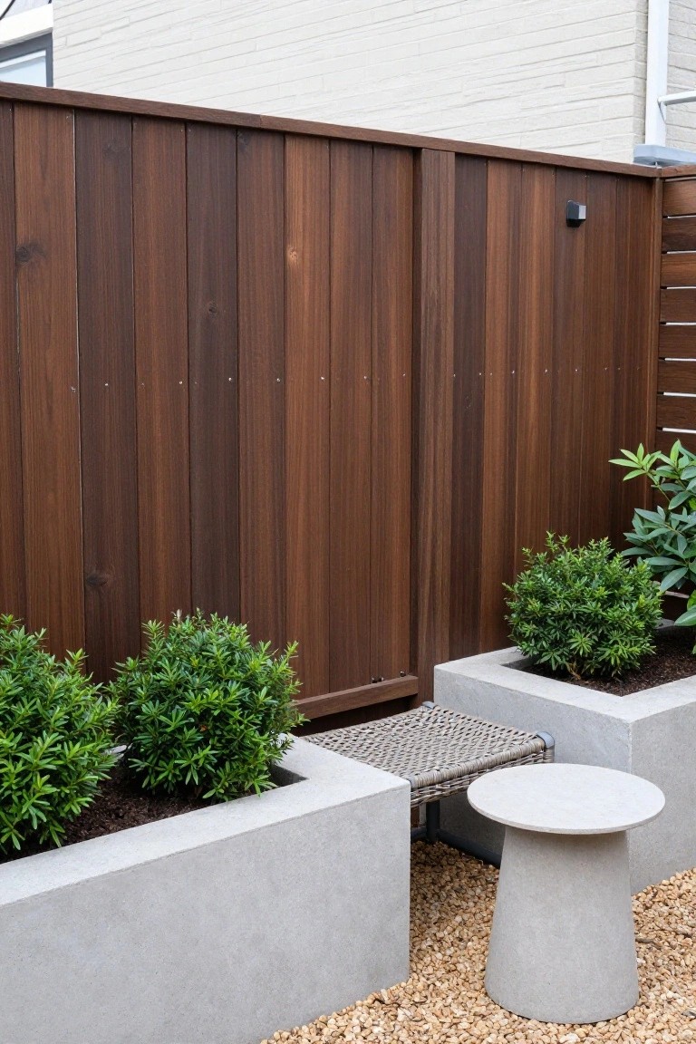 A dark vertical wood fence with concrete planters holding green shrubs, a woven bench, and a round concrete table on gravel.