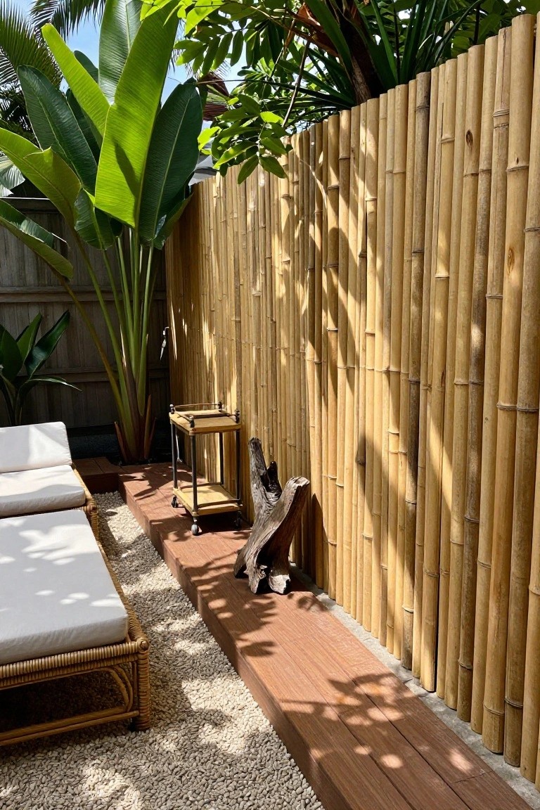 A backyard deck with a tall bamboo fence, lounge chairs, gravel ground cover, and tropical plants along the side.