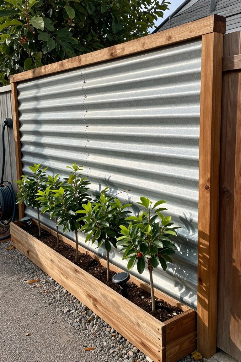 A long wooden planter box with small trees sits in front of a wood-framed corrugated metal fence panel with string lights.