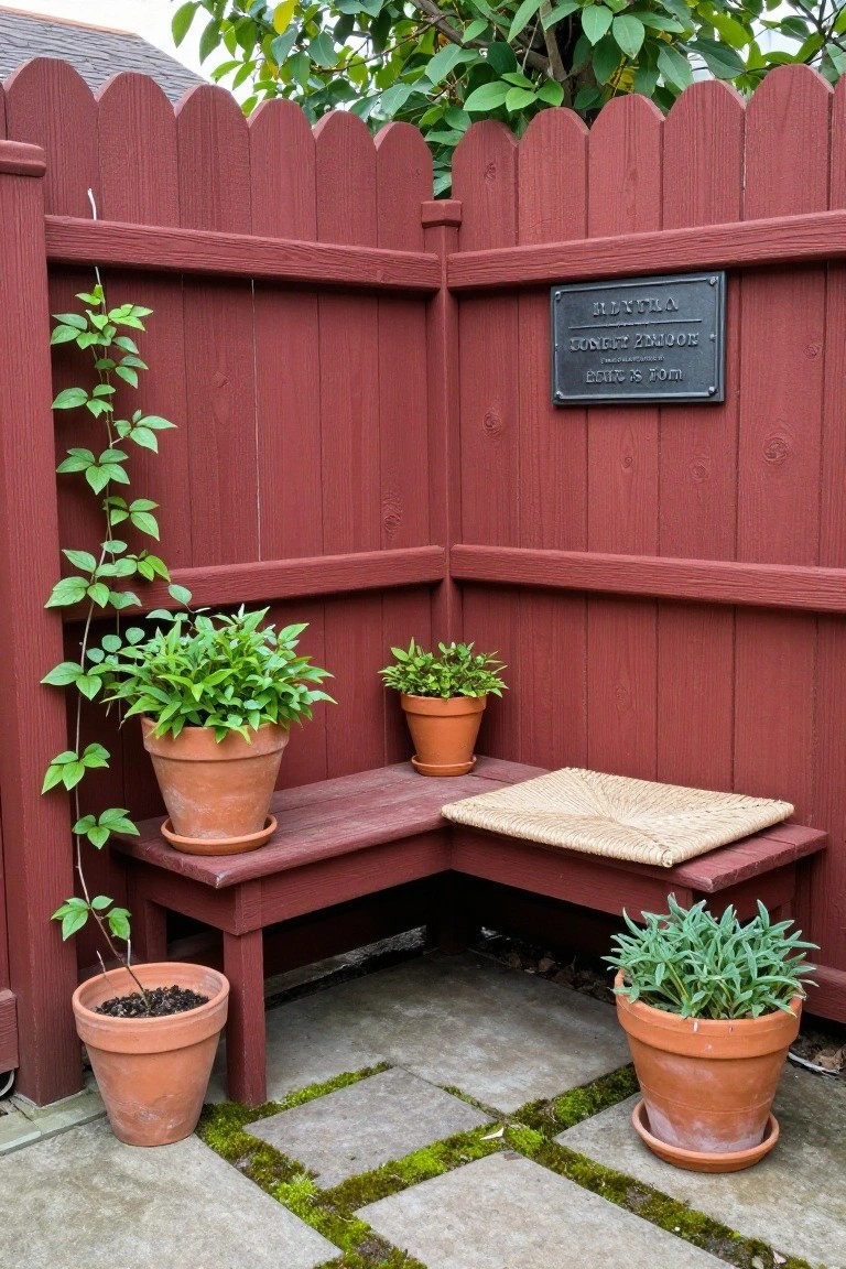 A red wooden fence corner with an L-shaped bench, terracotta pots with plants, and a metal plaque on the fence.