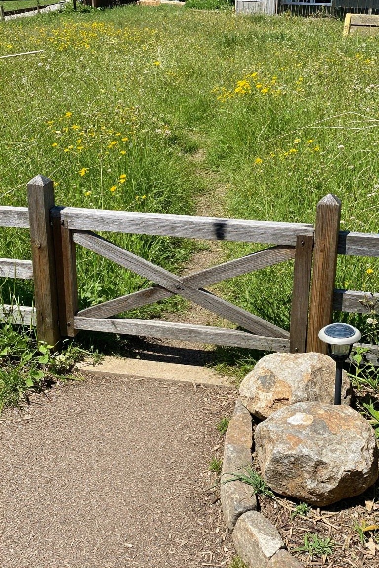 A wooden fence gate with crossed braces stands over a dirt path in a grassy field, with large rocks along the base.