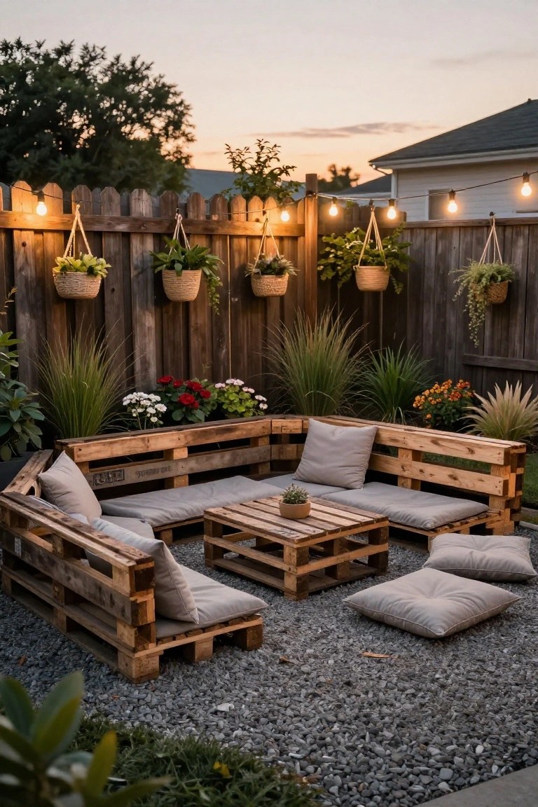 A wooden fence with multiple hanging baskets of plants and string lights above a pallet sofa and coffee table on gravel.