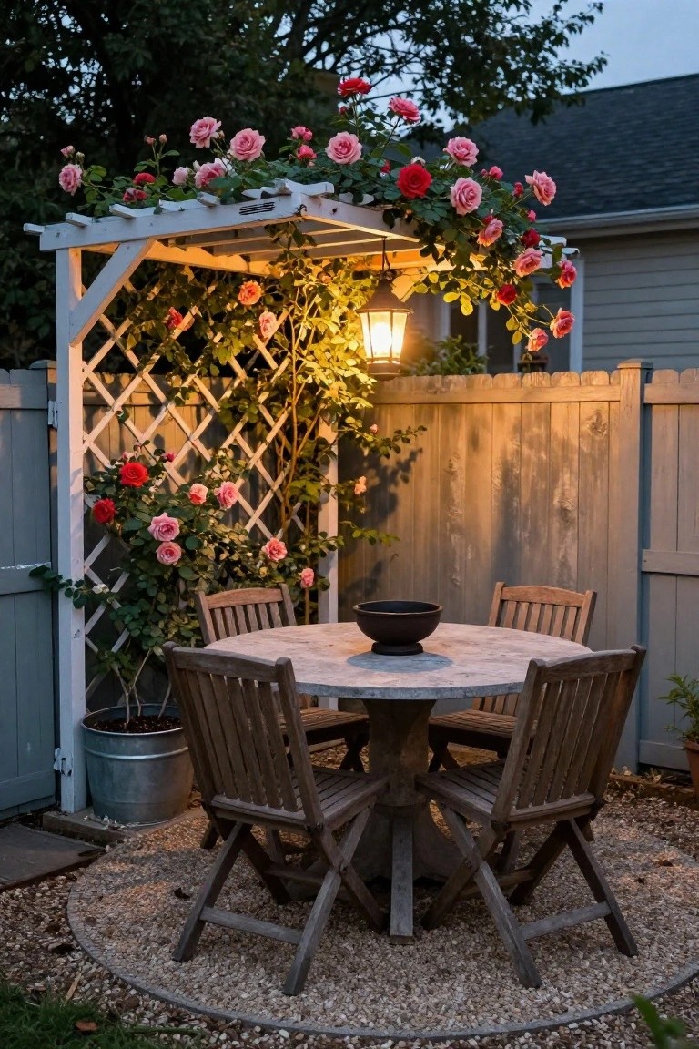 A wooden dining set on gravel under a white lattice arbor covered in pink and red roses, with a hanging lantern, in front of a wood fence.
