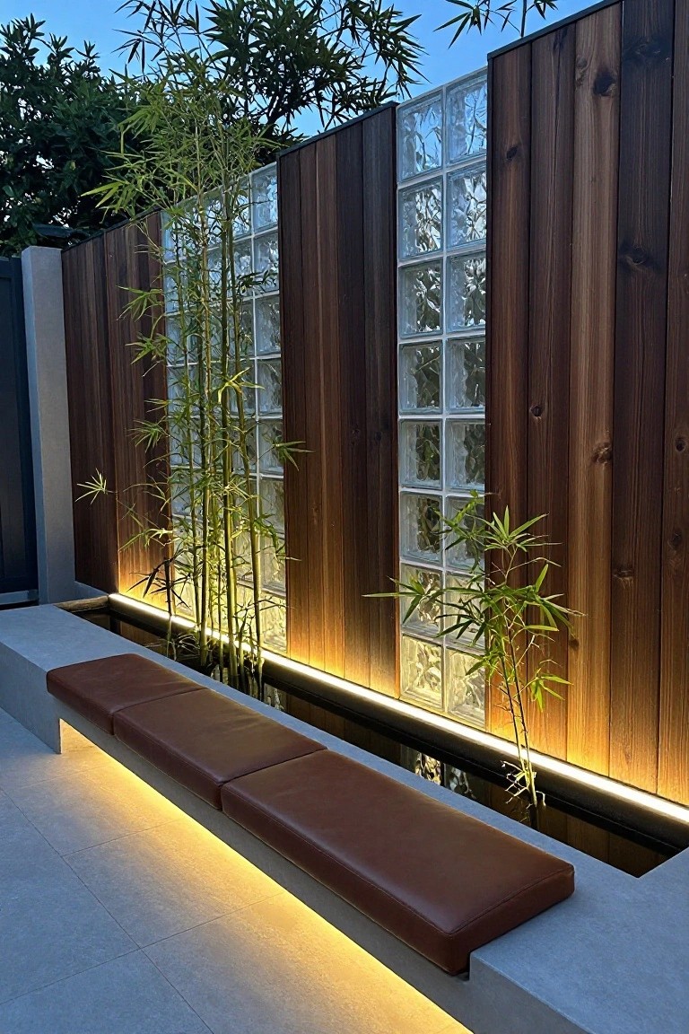 An outdoor fence combines vertical wood panels and sections of glass blocks, with a linear water feature, bamboo plants, and a cushioned bench along the base.