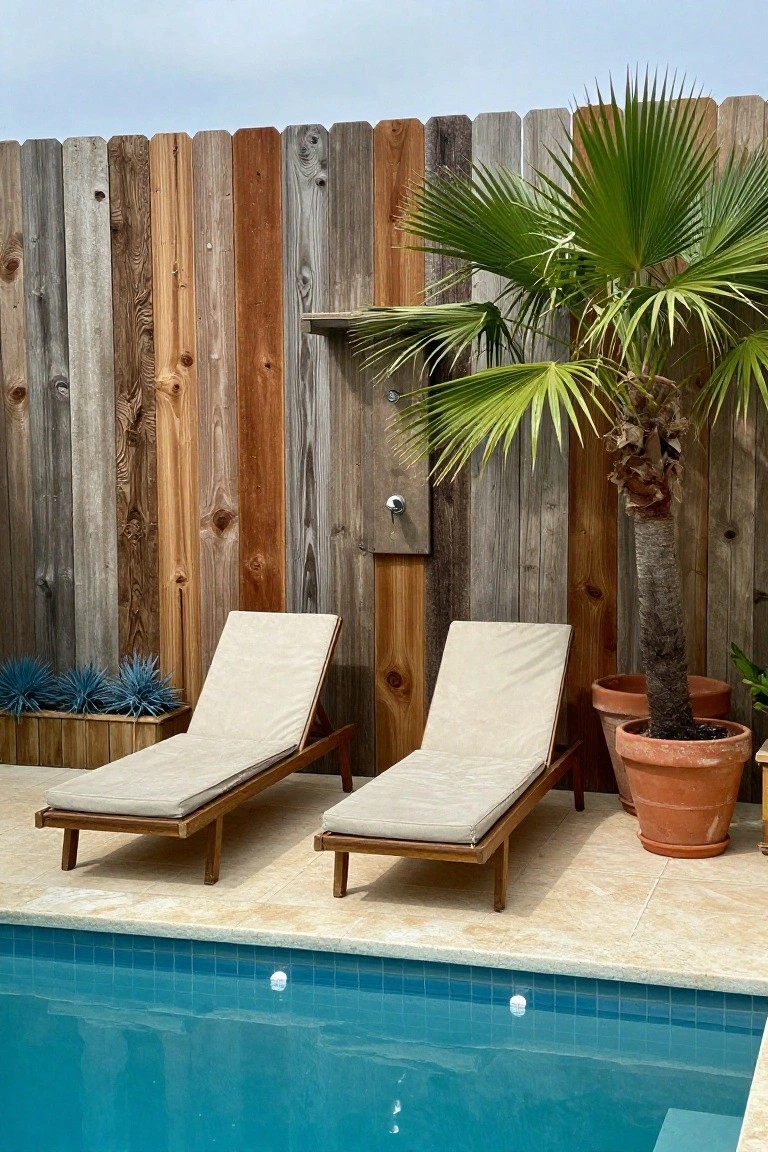 Two wooden lounge chairs with beige cushions by a pool, outdoor shower and palm tree.