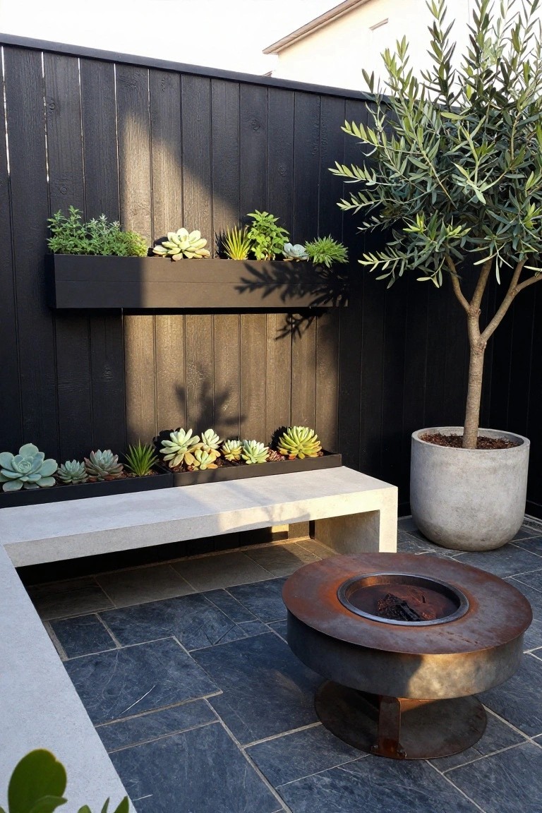 Outdoor patio with concrete bench, succulent planters, fire pit, and olive tree.