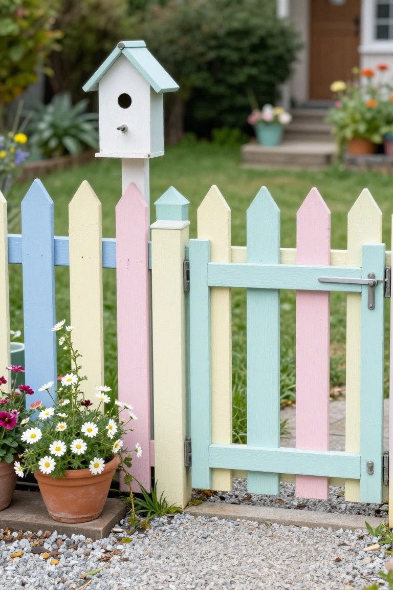 A pastel-colored wooden picket fence with a gate and a birdhouse mounted on a post, next to potted flowers on gravel.