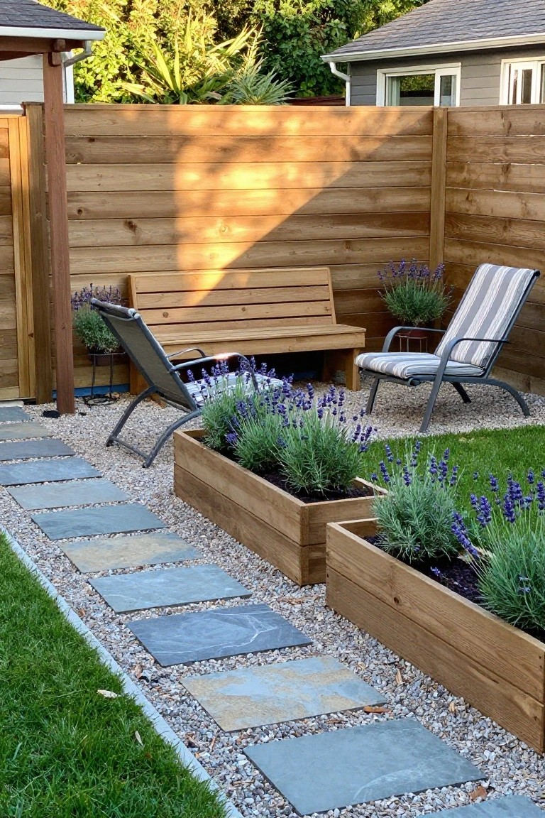 Backyard view showing two long wooden raised planter boxes with lavender and other plants, a gravel path with stone pavers, a wooden bench, and two lounge chairs set against a tall horizontal wood fence.