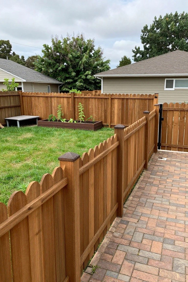 A backyard wooden privacy fence with a scalloped top edge, vertical boards, capped posts, a raised garden bed, grass, and a brick path beside a house.
