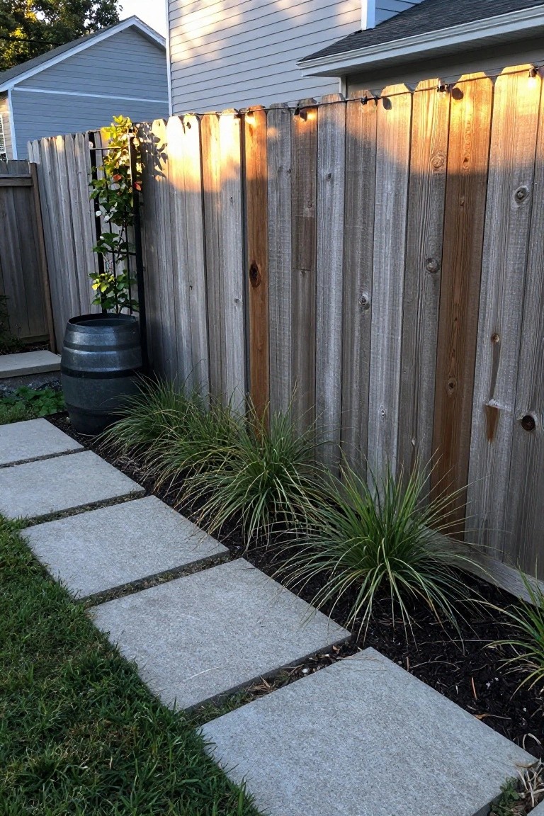 Wooden fence with string lights beside stone path, barrel, and tall grasses