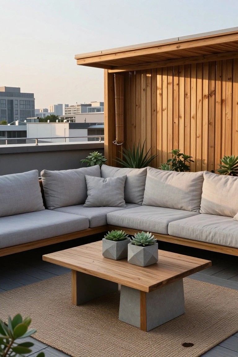 An L-shaped outdoor sofa with light gray cushions sits against a vertical wood slat wall on a rooftop terrace, with a wooden coffee table and two small potted succulents on a woven rug.