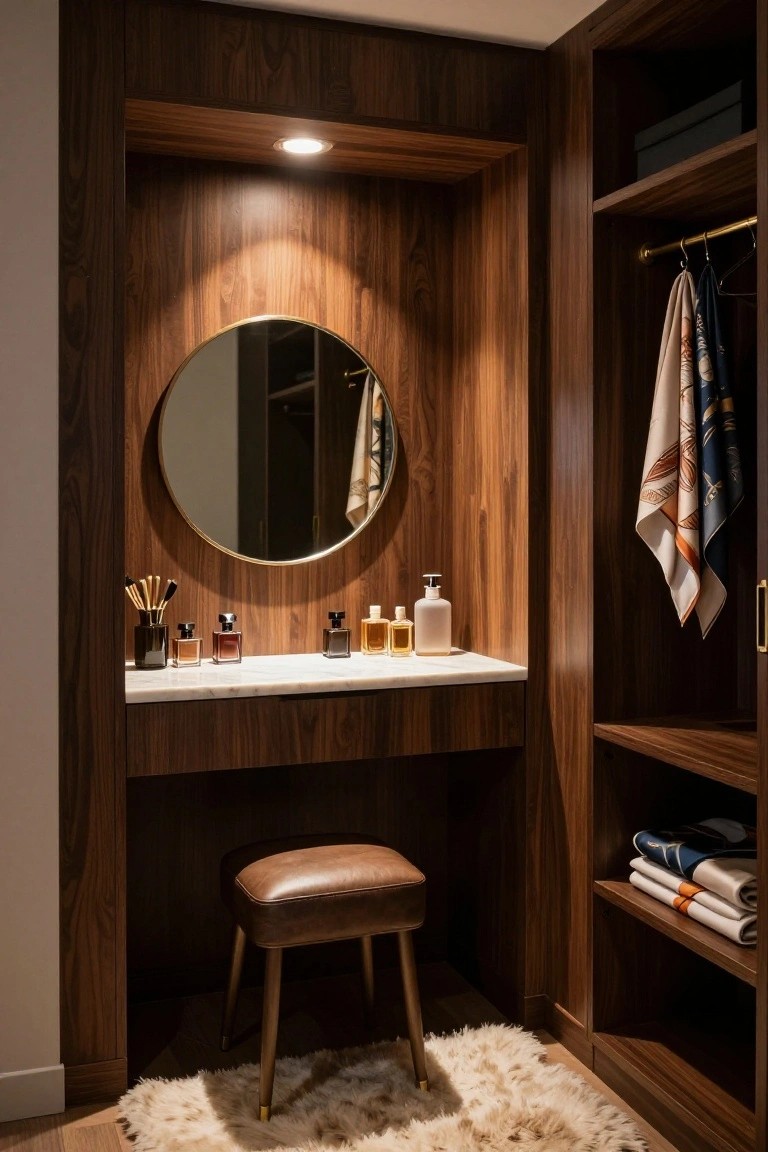 A recessed vanity with dark wood paneling, round mirror, marble countertop, and leather stool sits beside an open closet section with hanging scarves and folded items.