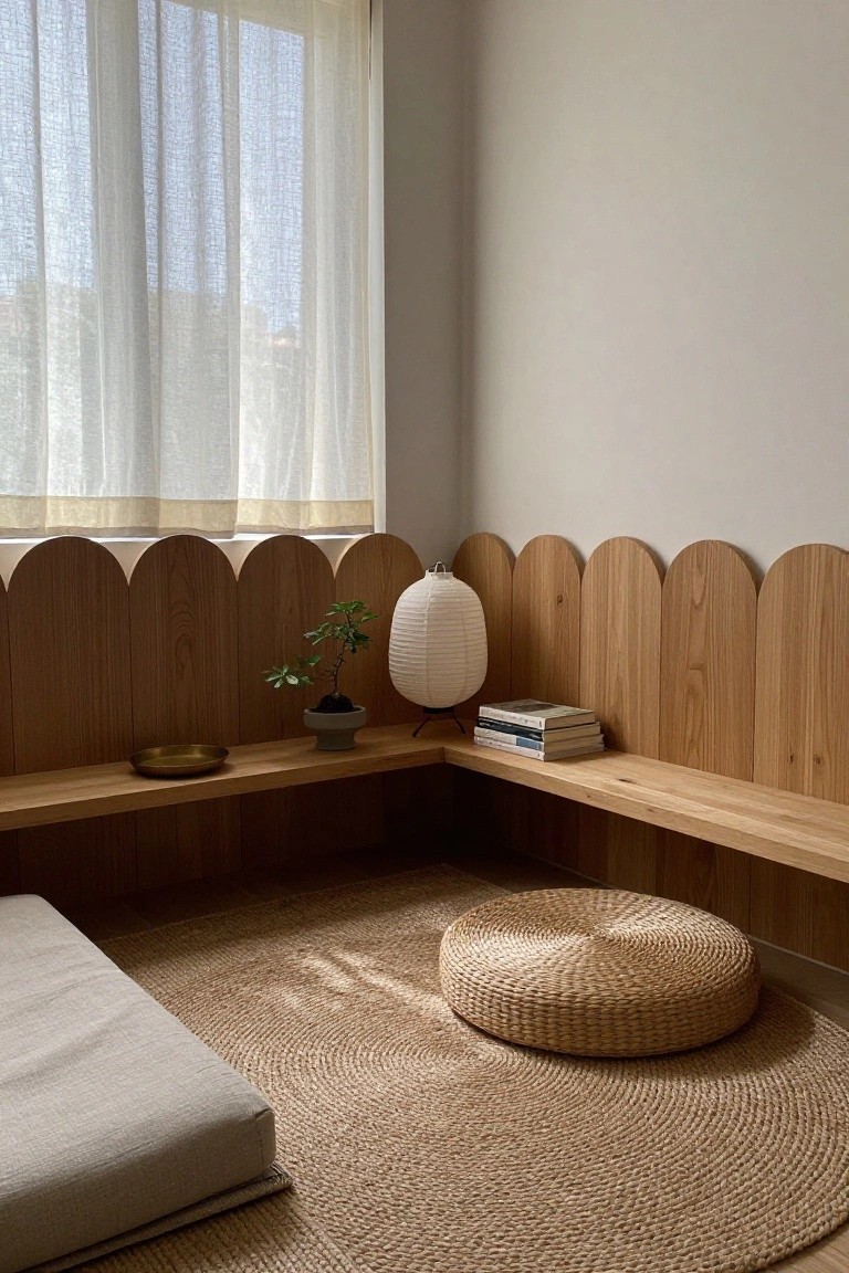 A light-filled interior corner with scalloped light wood wall panels forming a continuous built-in bench, a round woven rug, and a paper lantern with books and a small plant on the bench.