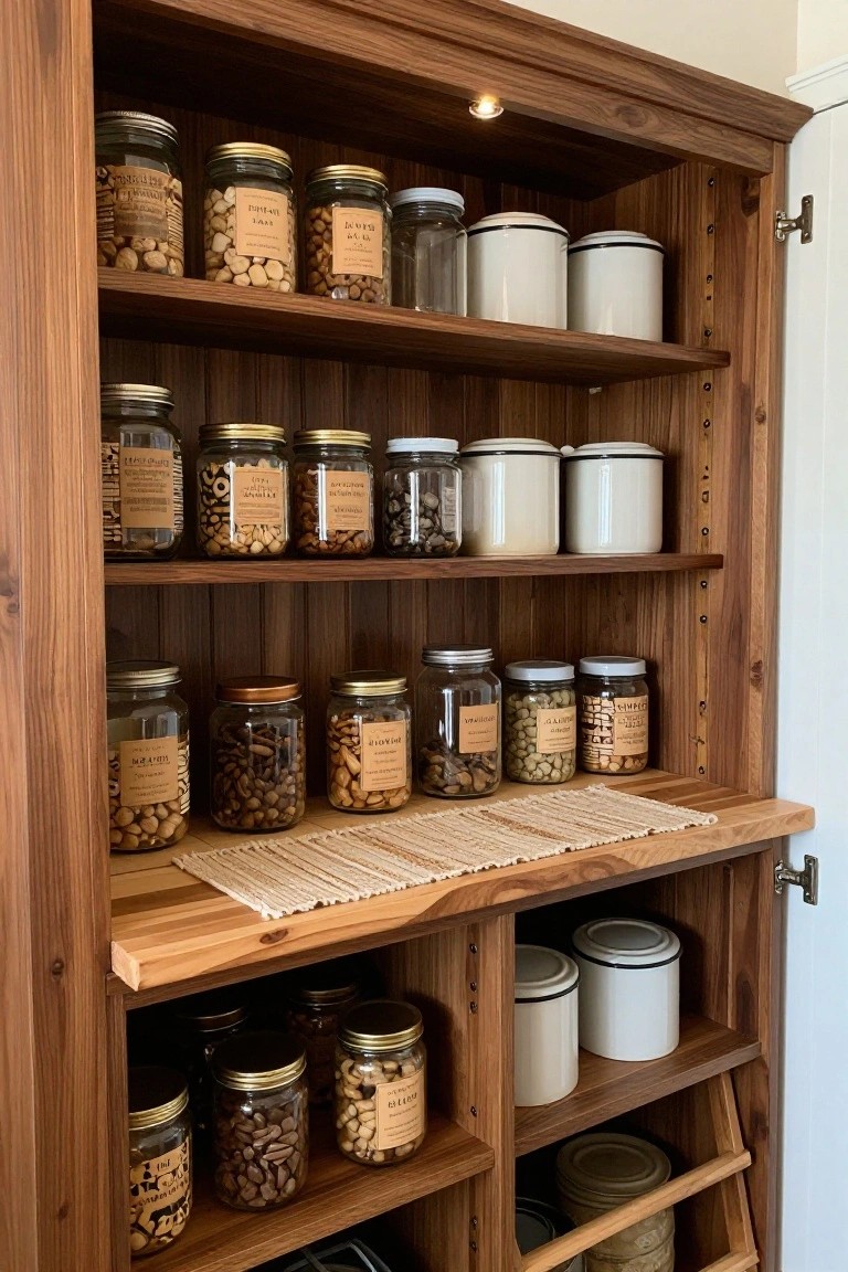 A wooden built-in cabinet with three open shelves holding glass jars and white enamel containers, plus lower compartments with additional jars.