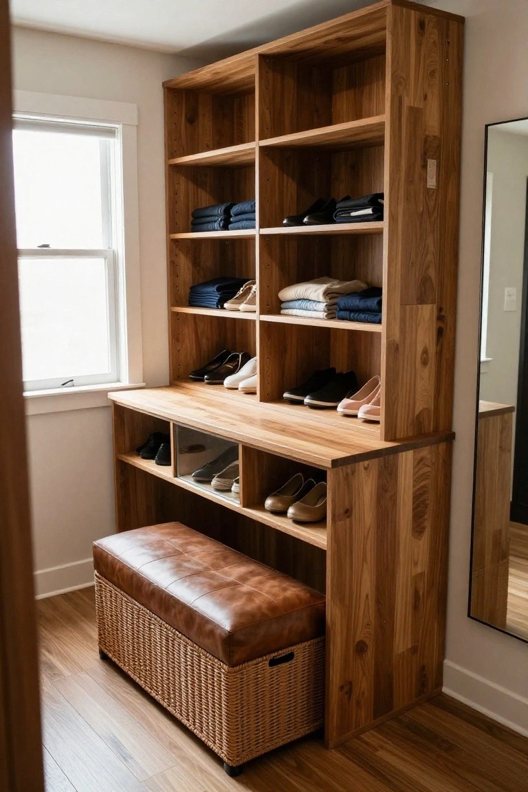 A large wooden built-in shelving unit with open shelves, a bench, and lower compartments in an indoor entry area.
