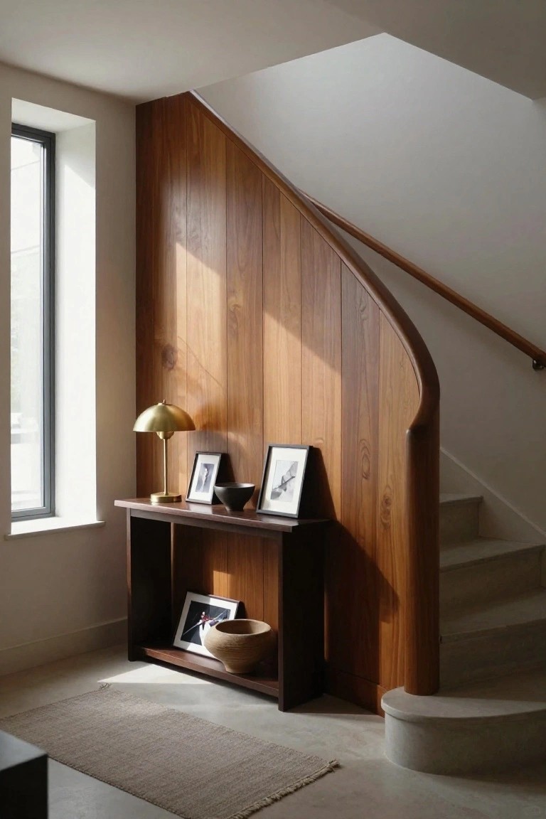 A curved wood accent wall with vertical panels running beneath a staircase, paired with a low dark wood console holding framed photos, bowls, and a brass lamp.
