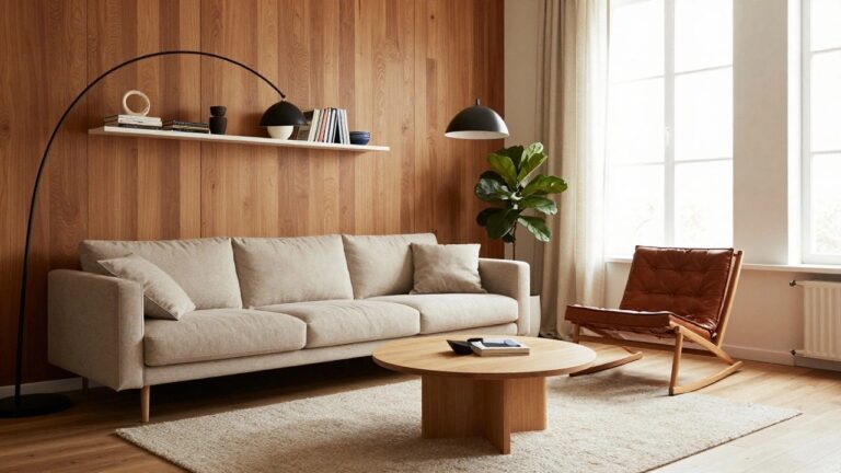 Minimalist living room with beige sofa, wood wall, floating shelf, leather chair, and coffee table