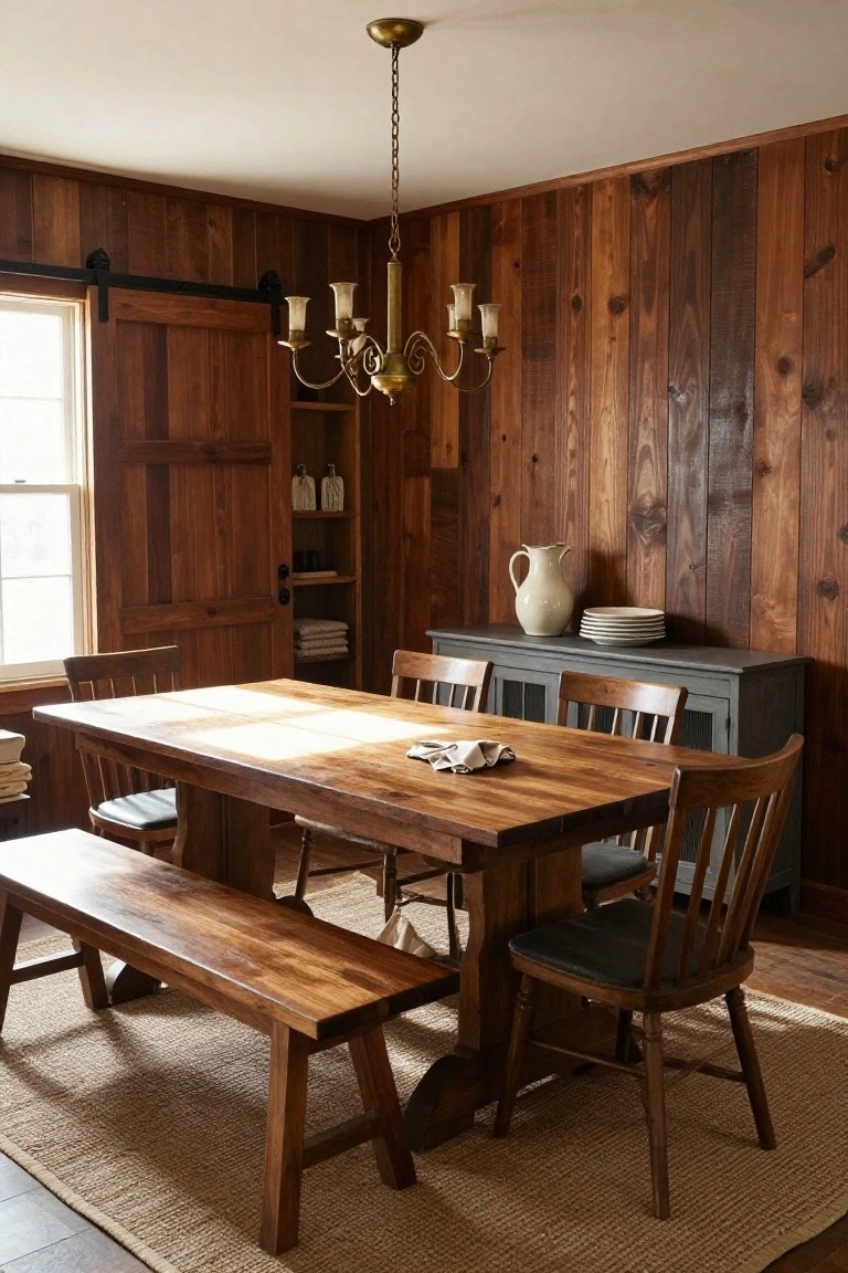 A dining room with full vertical wood panel walls, a long wooden table with bench and chairs, and a sliding barn door on the left.