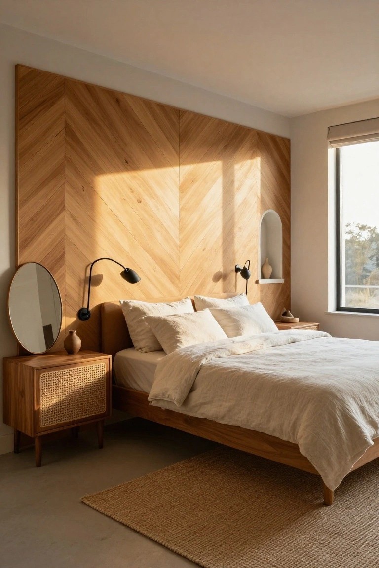 A bedroom with a large herringbone wood accent wall behind a bed with white linens, a wooden nightstand with a round mirror, and black wall sconces.