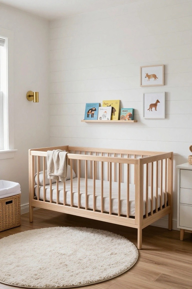 Light wood crib in bright nursery with round rug, books on shelf, and animal prints