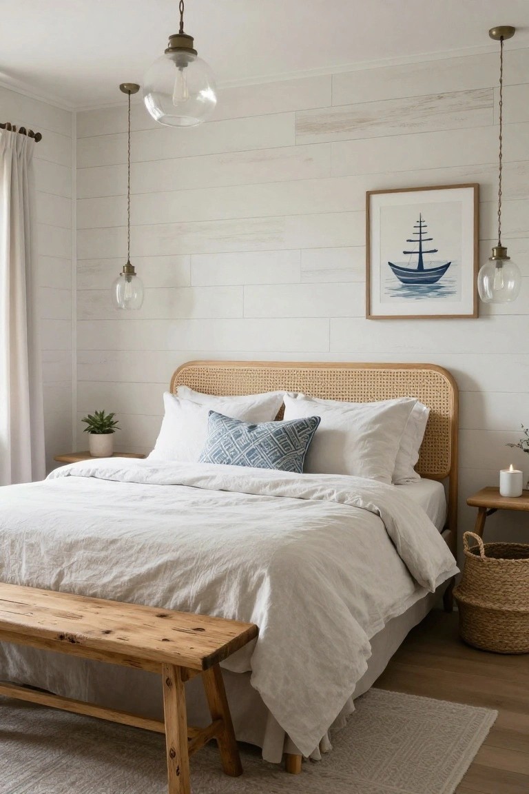 A bedroom featuring a white horizontal wood panel accent wall behind a bed with white linens and a blue patterned pillow.