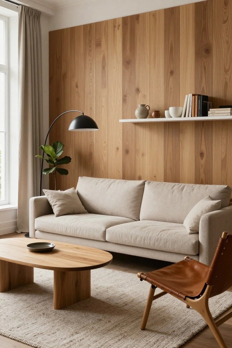 Minimalist living room with beige sofa, wood wall, floating shelf, leather chair, and coffee table