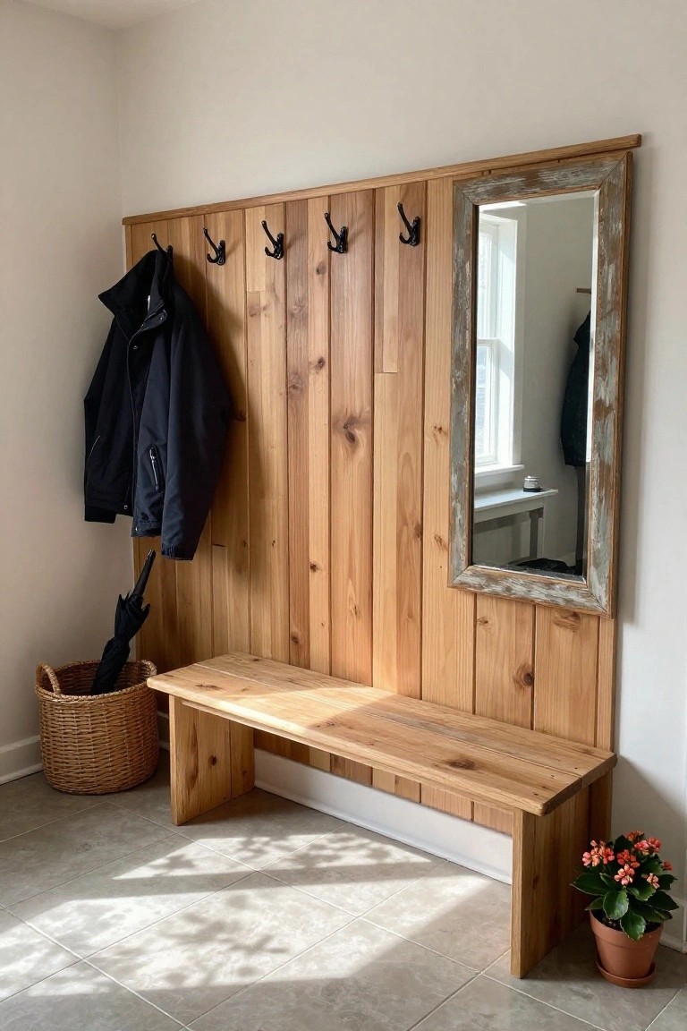 A light wood vertical panel accent wall in an entryway with black hooks, a wooden bench, a wicker basket holding an umbrella, a large mirror, and a potted plant on a tiled floor.
