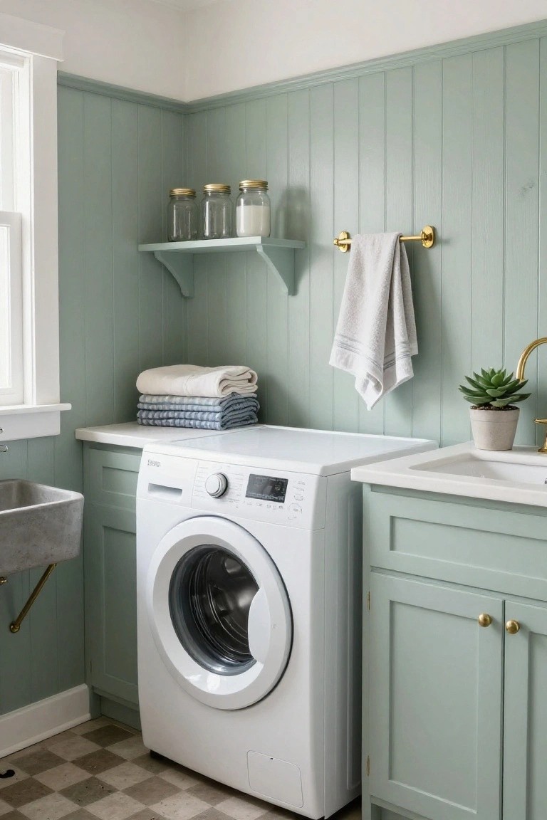 A laundry room with vertical sage green wood panel walls, a white front-loading washer, white countertops, and a utility sink.