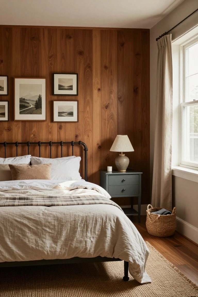 A bedroom with a bed against a vertical wood panel accent wall, a gray nightstand with a lamp, and a window with curtains on the right.