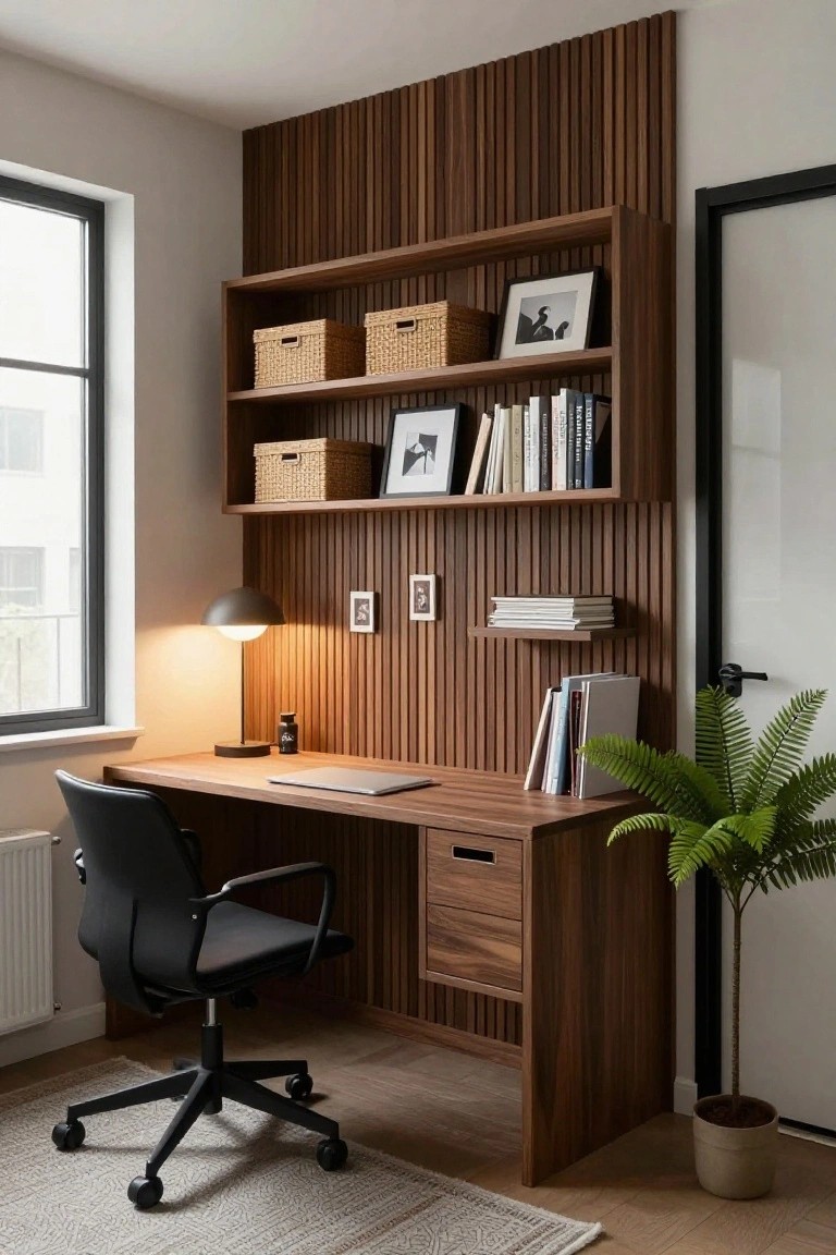 A home office with a wooden built-in desk and floating shelves set against a vertical wood slat accent wall.