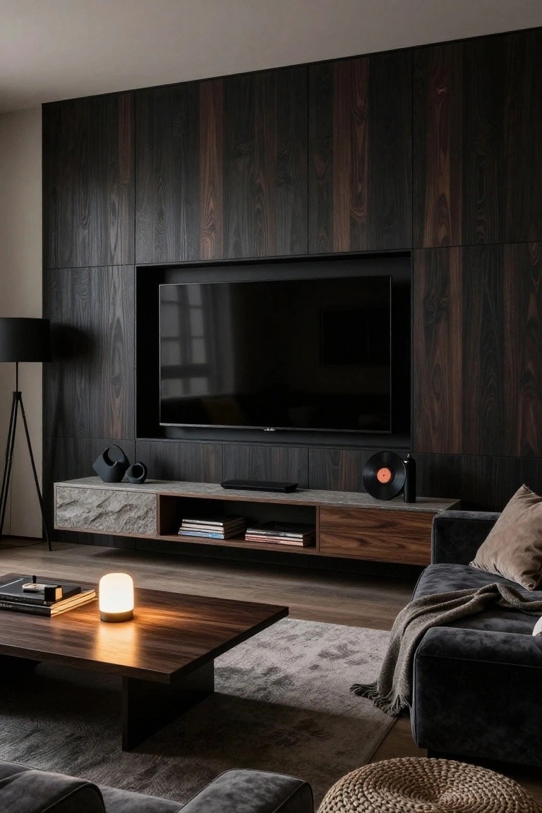 A living room with a large flat screen TV mounted on a dark vertical wood panel accent wall above a floating mixed-material media console with books and decor items.
