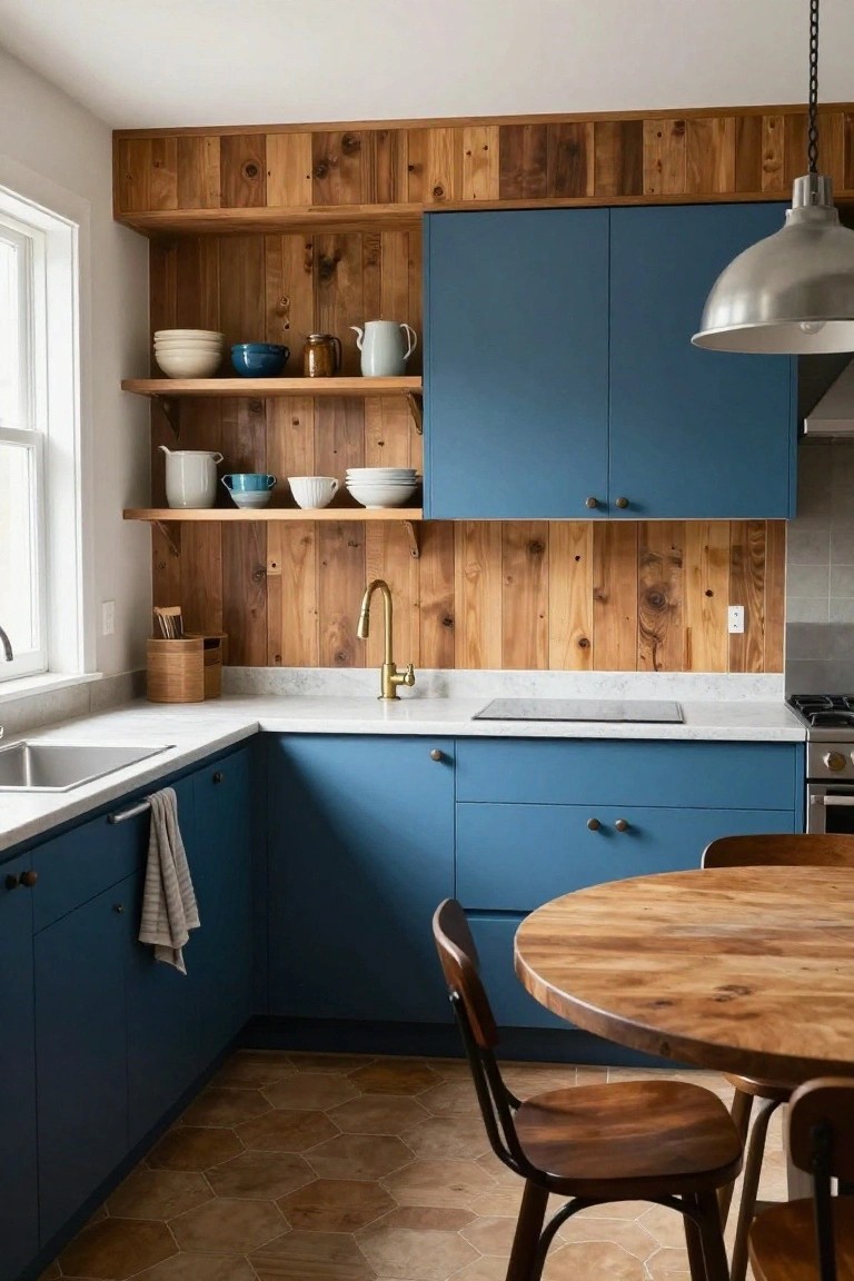 A kitchen with blue cabinets, open wooden shelves on a wood-paneled accent wall, and a round wooden table in the foreground.
