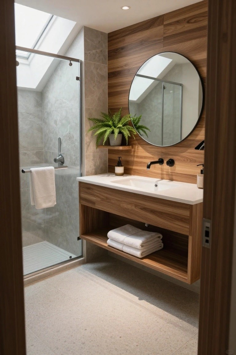 A modern bathroom featuring a wood accent wall behind a floating white vanity with a round mirror, black faucet, and open shelving holding folded towels, adjacent to a glass-enclosed shower.