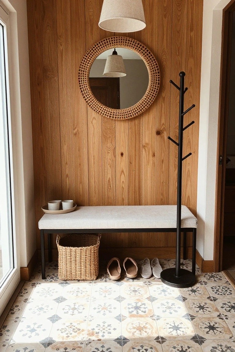 A narrow entry space with vertical wood paneling on the back wall, a light upholstered bench, a round woven mirror above it, a black coat rack to the side, and patterned tile flooring.