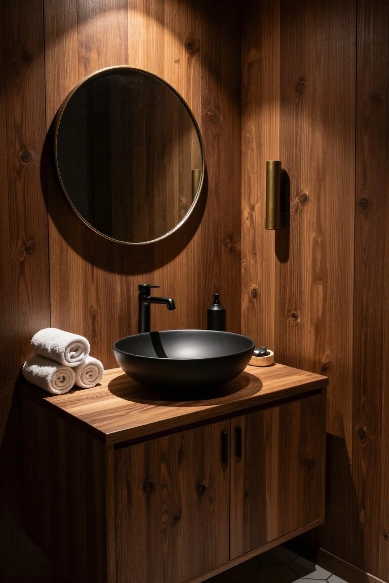 A bathroom interior with vertical dark wood panel walls, a round mirror, black vessel sink on a wood vanity, and rolled towels on the counter.
