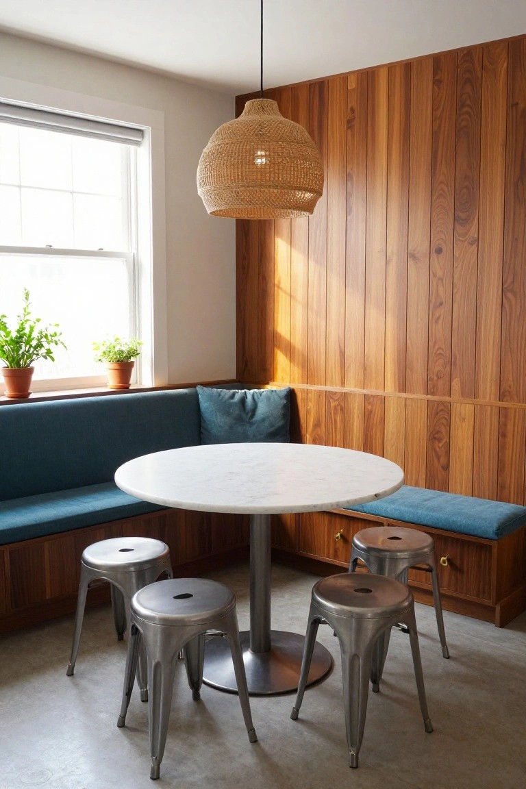A round marble table with metal stools sits in front of a blue upholstered bench against a vertical wood paneled wall in a dining nook.