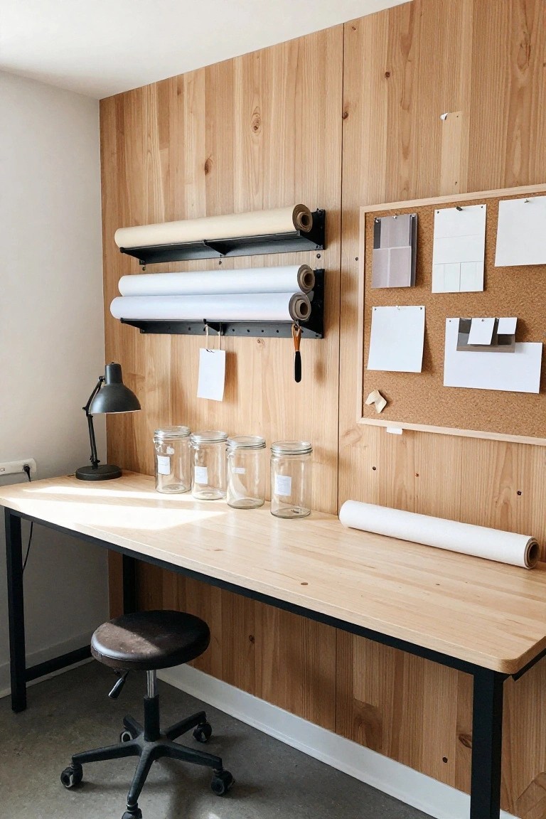 Modern wooden desk with stool, lamp, jars, paper rolls, and corkboard on wall