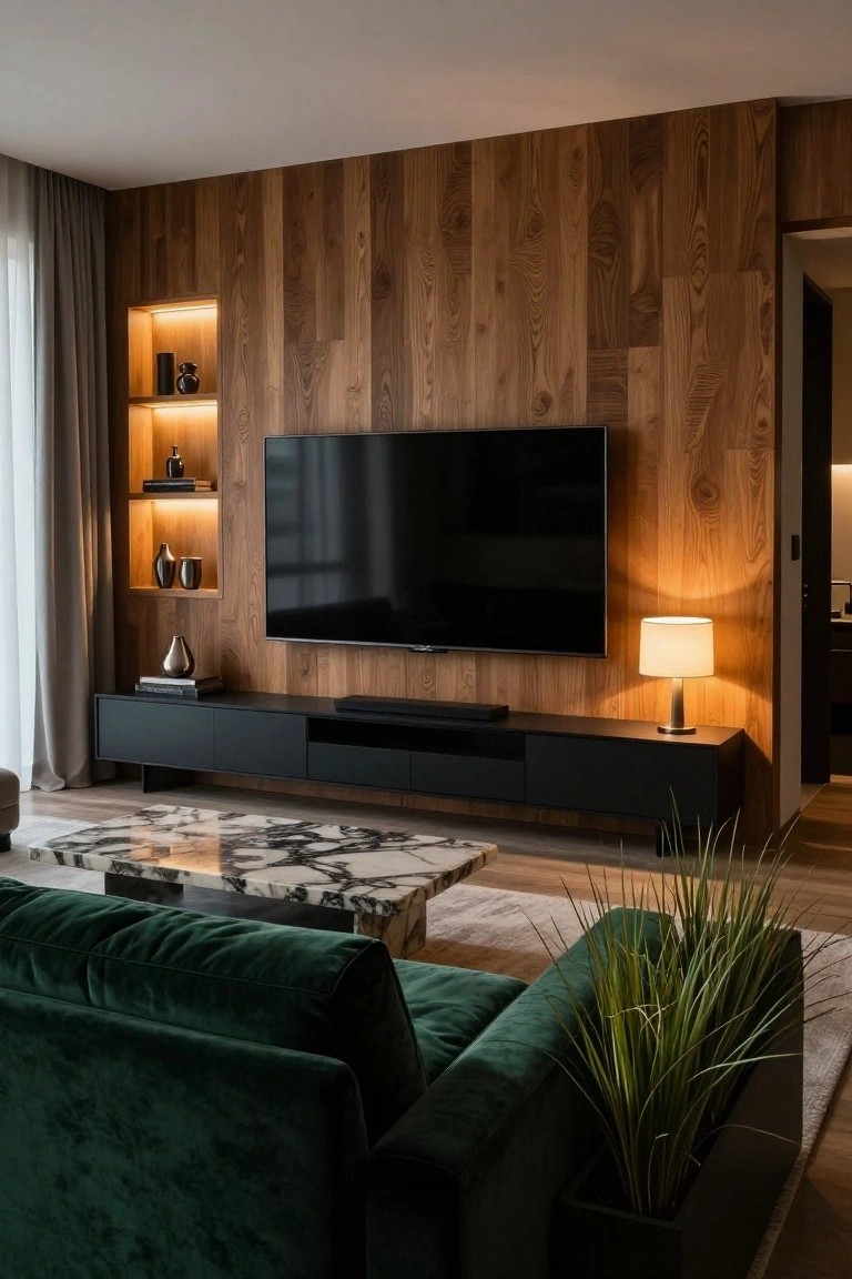 Modern living room with wood wall, mounted TV, green velvet sofa, marble table.
