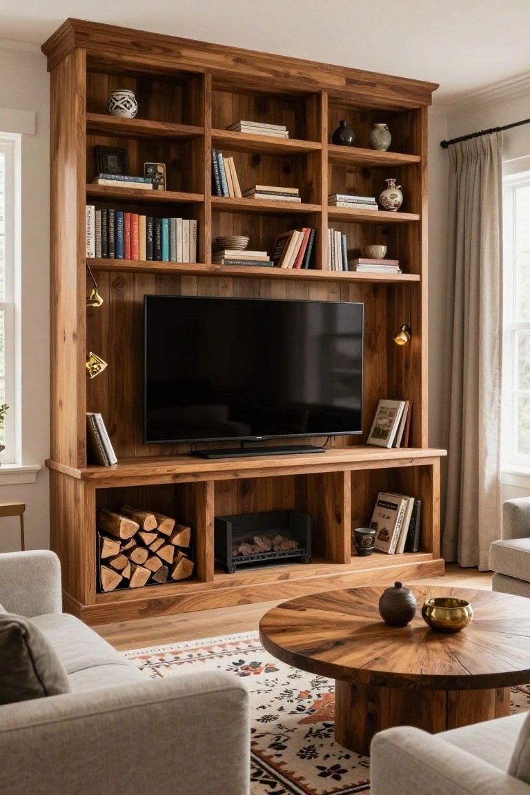 A large wooden built-in entertainment center with open shelving above a flat screen TV, lower storage compartments holding firewood and a small fireplace unit, and light gray sofas in front on a patterned rug.