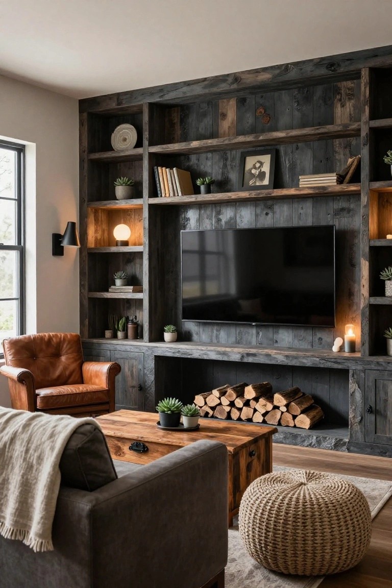 Rustic living room with dark wood built-in shelves, TV above stacked firewood, leather armchair, and coffee table