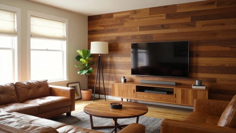 21 Fresh Wood Accent Wall Ideas Behind a TV Without Looking Overbuilt A living room featuring a large wood accent wall with horizontal planks behind a mounted television and a low wooden media console.