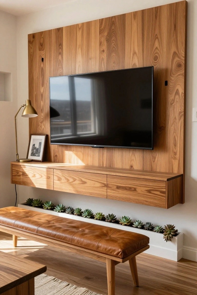 A flat-screen TV mounted on a vertical wood accent wall above a long floating wood media console, with a white succulent planter below and a brown leather bench in front.